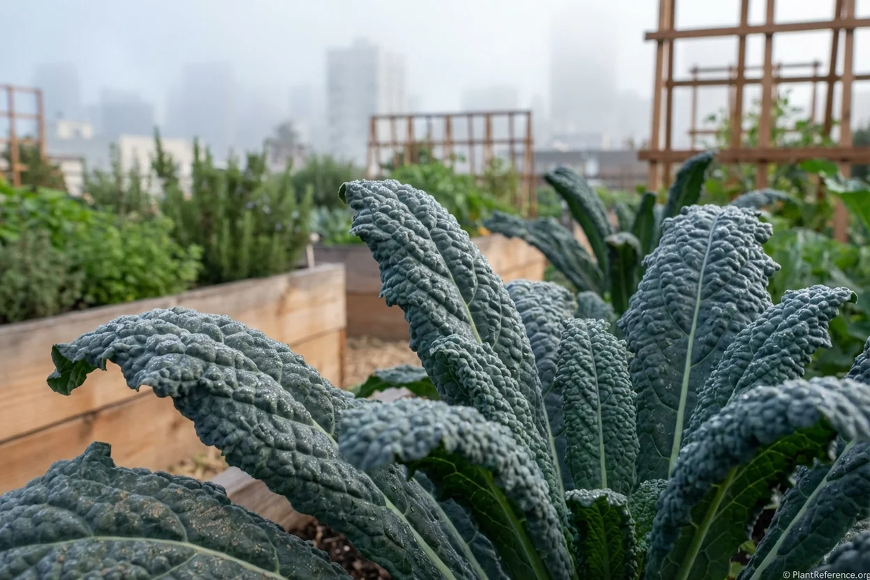 Lacinato dinosaur kale leaves thriving in San Francisco's Zone 10a climate showing ideal growing conditions
