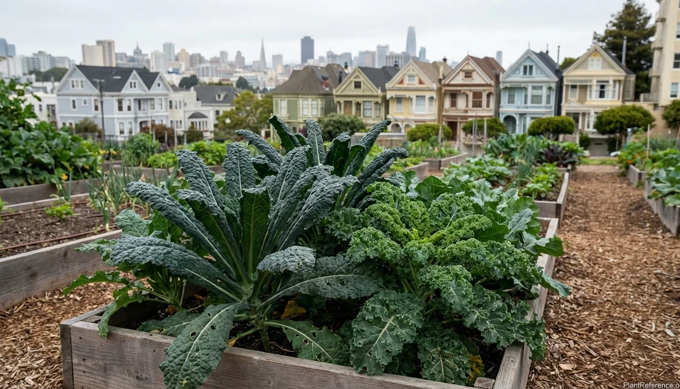 Kale plants growing in San Francisco urban garden with city skyline showing ideal Zone 10a growing conditions
