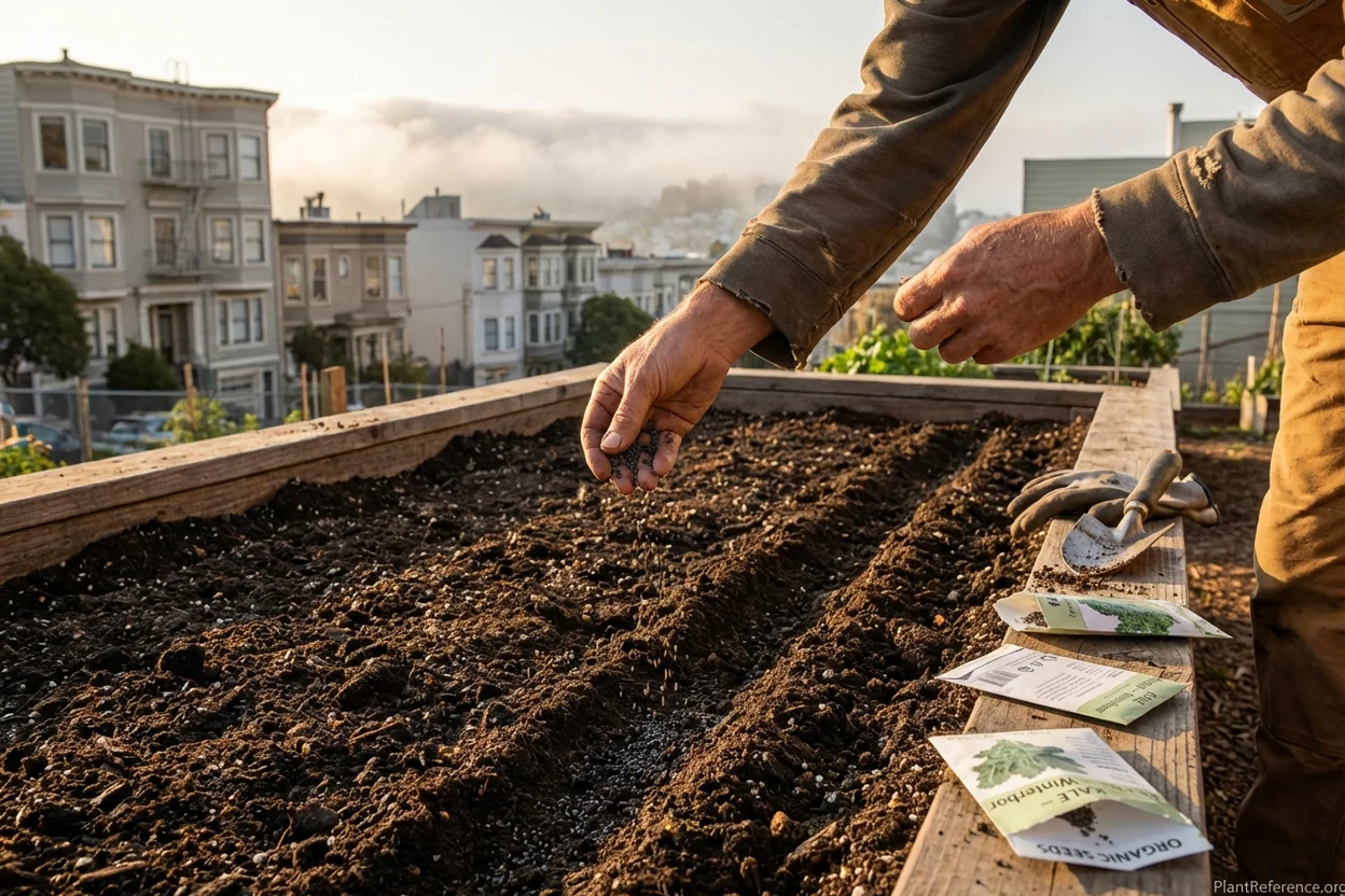 Planting kale seeds in San Francisco garden bed during optimal fall sowing season