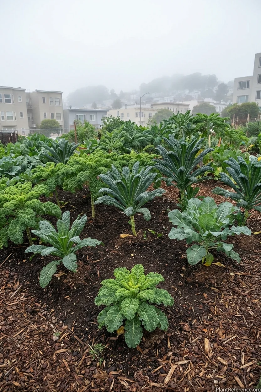 Properly spaced kale plants thriving in San Francisco's Zone 10a growing conditions