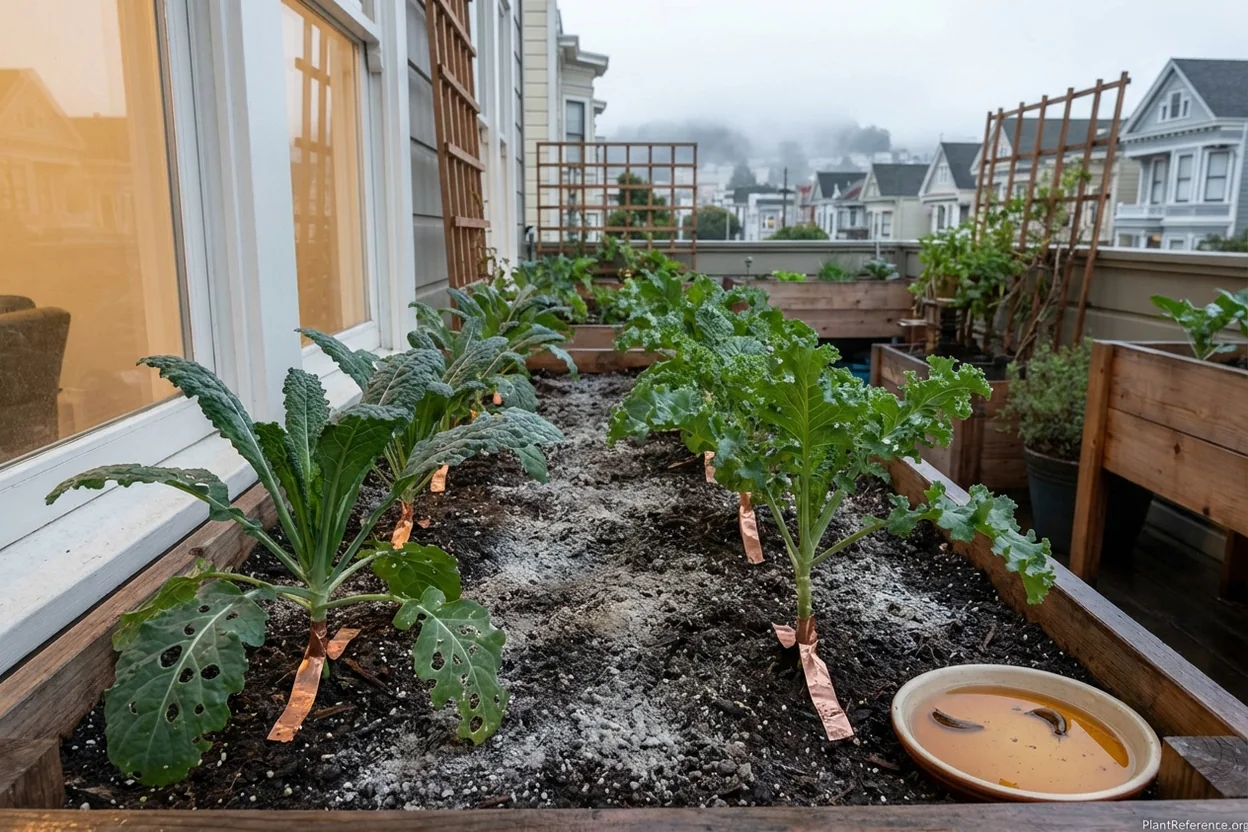 Kale plants in San Francisco garden showing slug damage prevention techniques