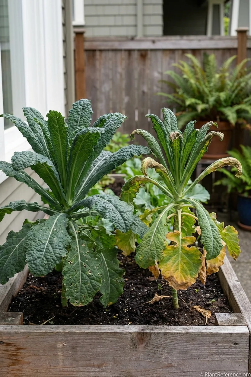 Healthy and diseased kale plants in Seattle garden showing moisture-related problems and solutions