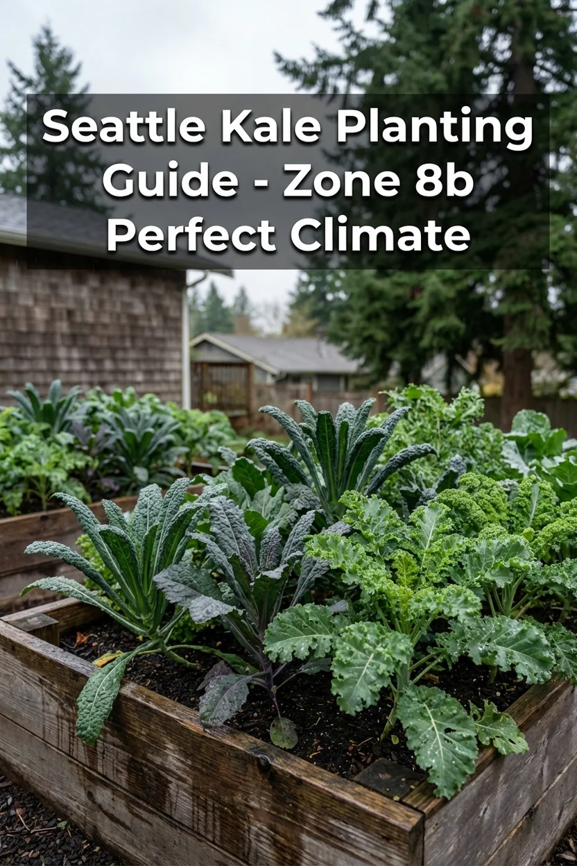Seattle kale planting guide Pinterest pin showing garden with planting dates for Zone 8b