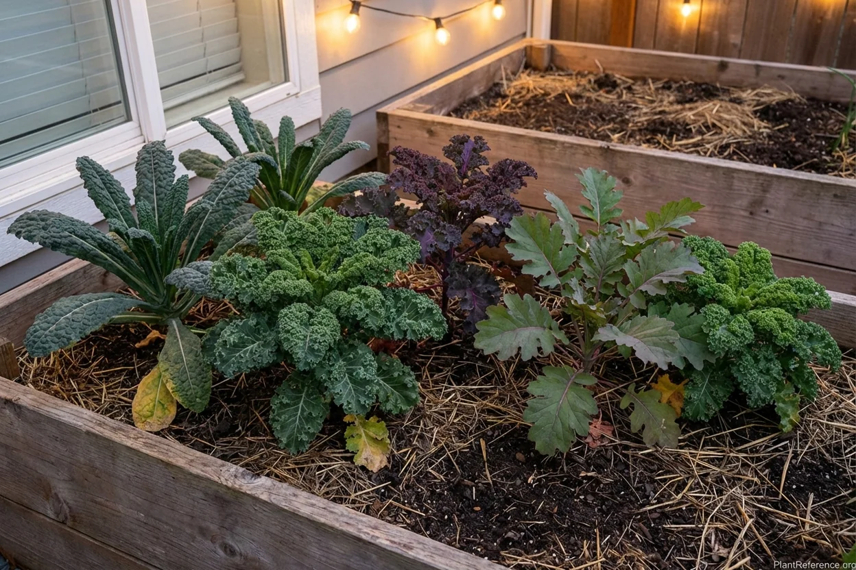 Five kale varieties growing in Seattle garden showing leaf differences for variety selection
