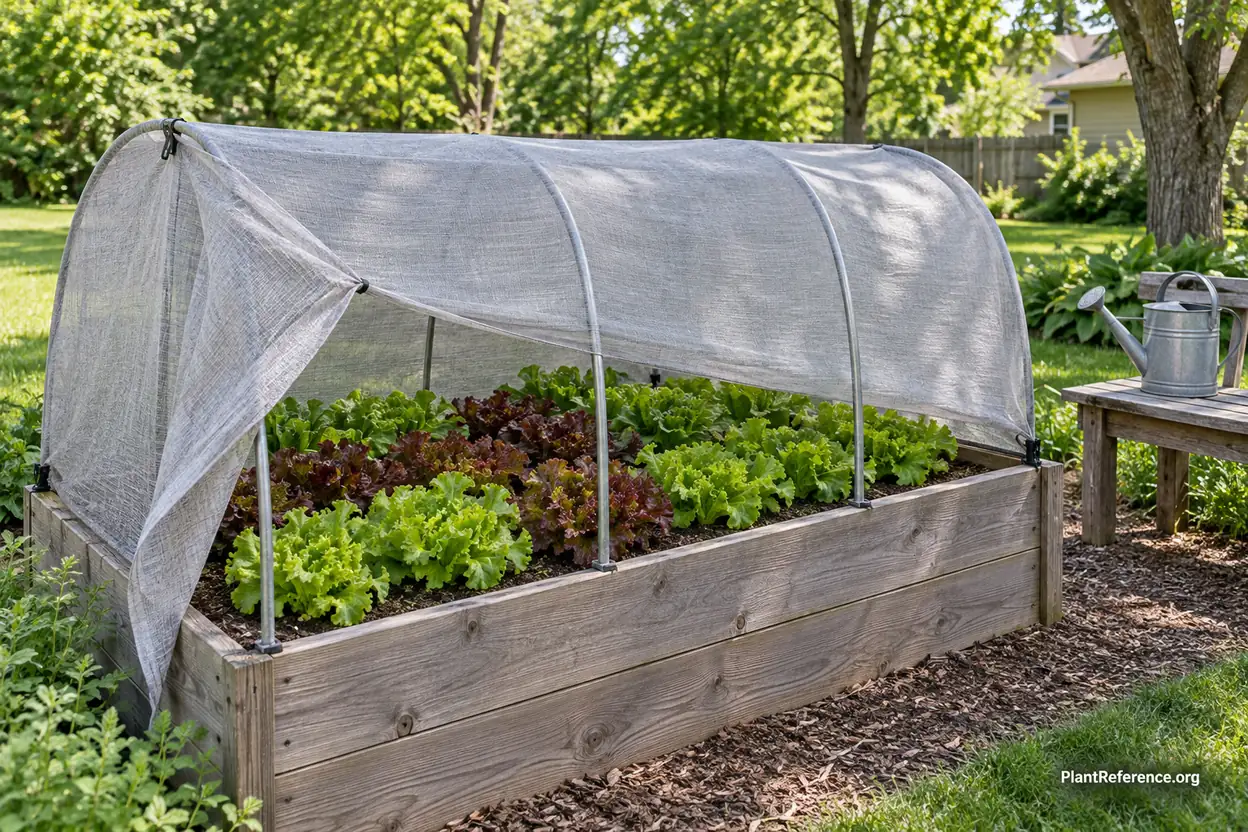 Shade cloth over hoops protecting lettuce from heat in a Chicago summer garden