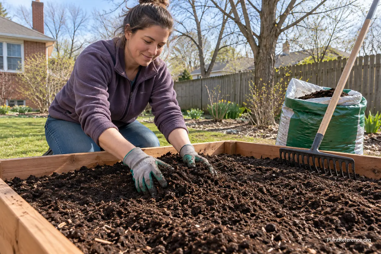 Raised bed amended with compost ready for lettuce planting in a Chicago spring garden