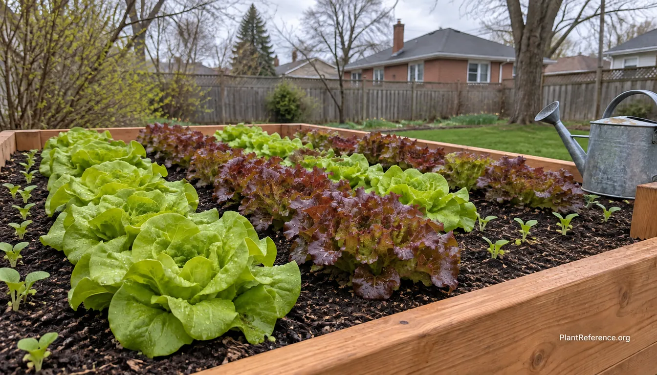Green and red lettuce growing in a raised bed in a Chicago Zone 6a spring garden