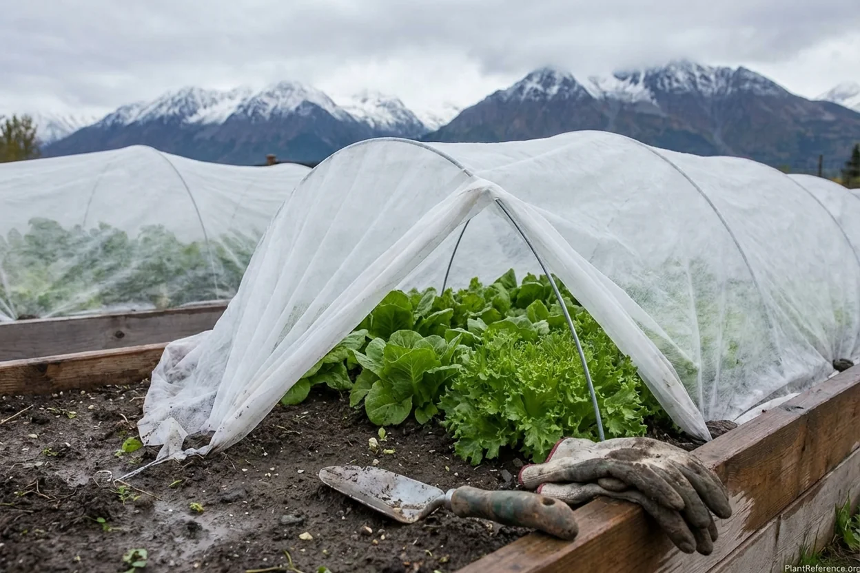 Row covers protecting lettuce plants in Alaska garden during fall season extension