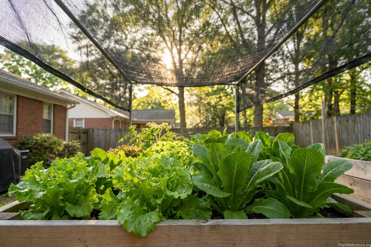 Lettuce growing under shade cloth in Atlanta Zone 8a garden