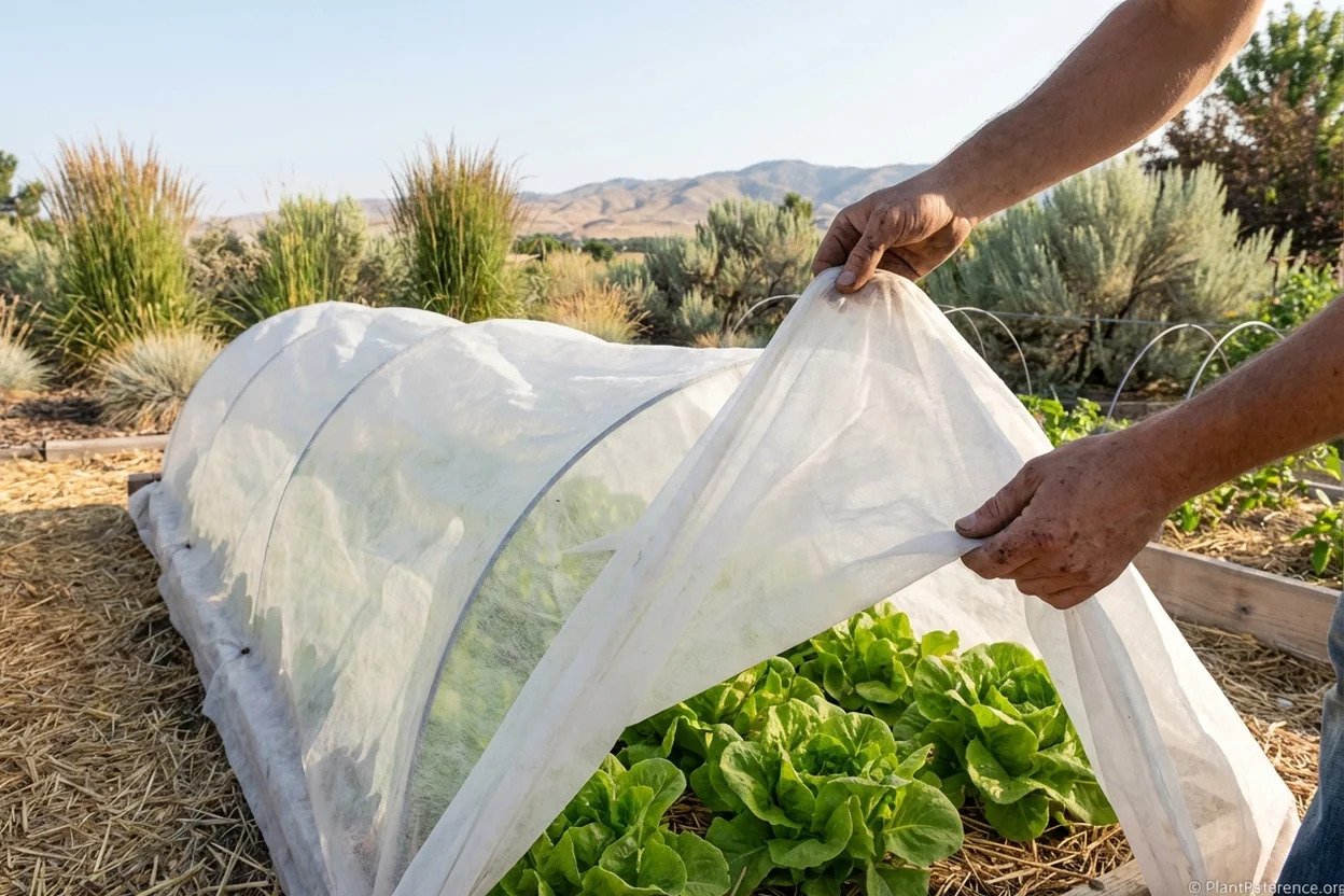 Row cover protecting lettuce from frost in Boise Zone 6a garden