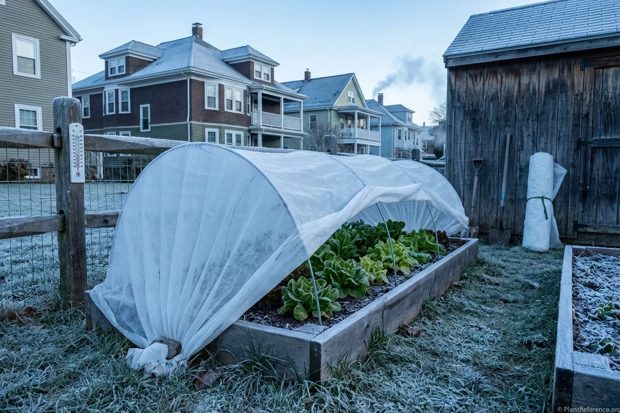 Row covers protecting lettuce from late frost in Boston Zone 6b garden
