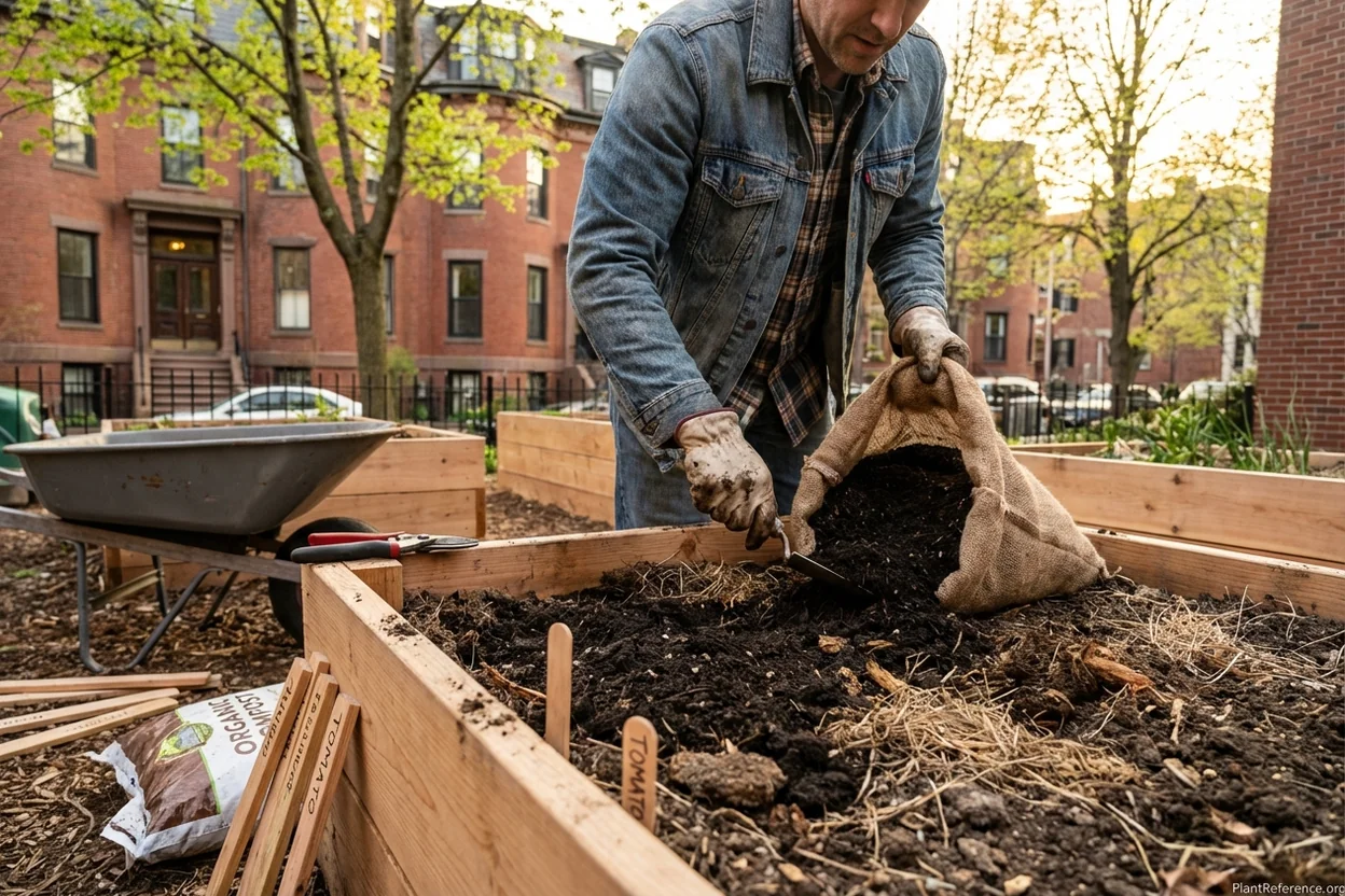 Preparing raised garden bed in Boston with compost amendments for lettuce planting