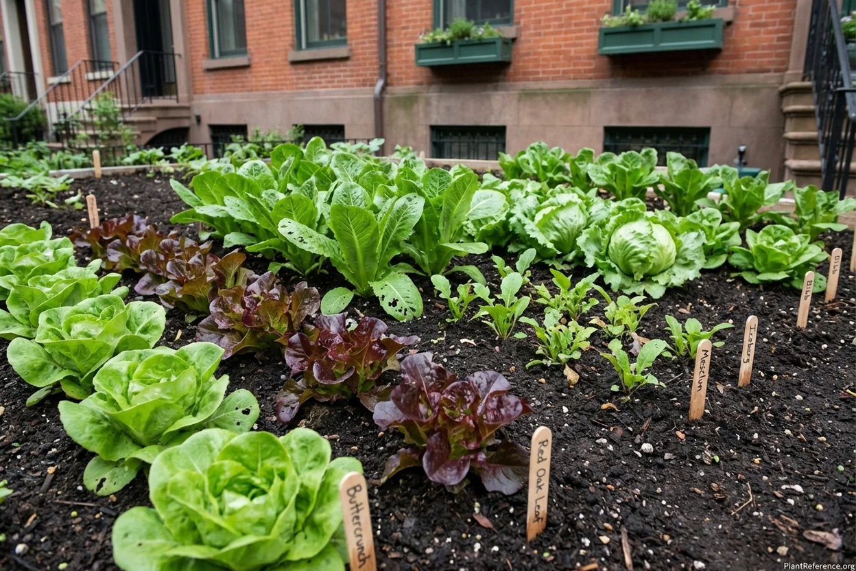 Six recommended lettuce varieties for Boston gardens showing buttercrunch, red oak leaf, romaine, mesclun, iceberg, and bibb