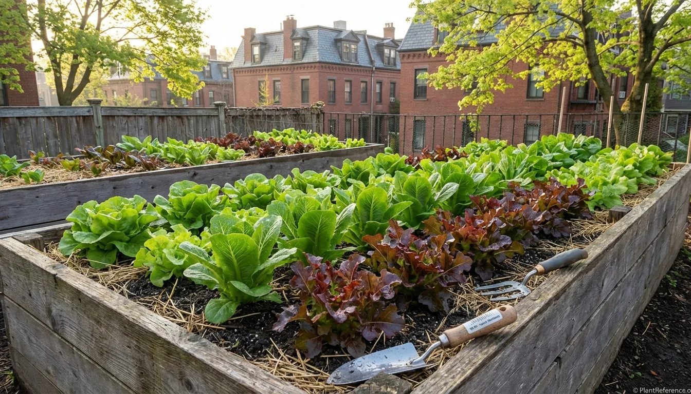 Boston lettuce garden with multiple varieties growing in raised beds during spring planting season