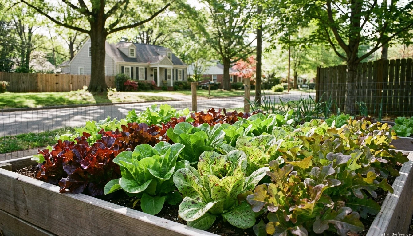 Multiple lettuce varieties growing in Charlotte Zone 7b garden during cool spring