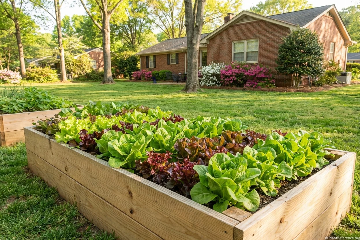 Lettuce growing in raised bed in Charlotte Zone 7b suburban garden