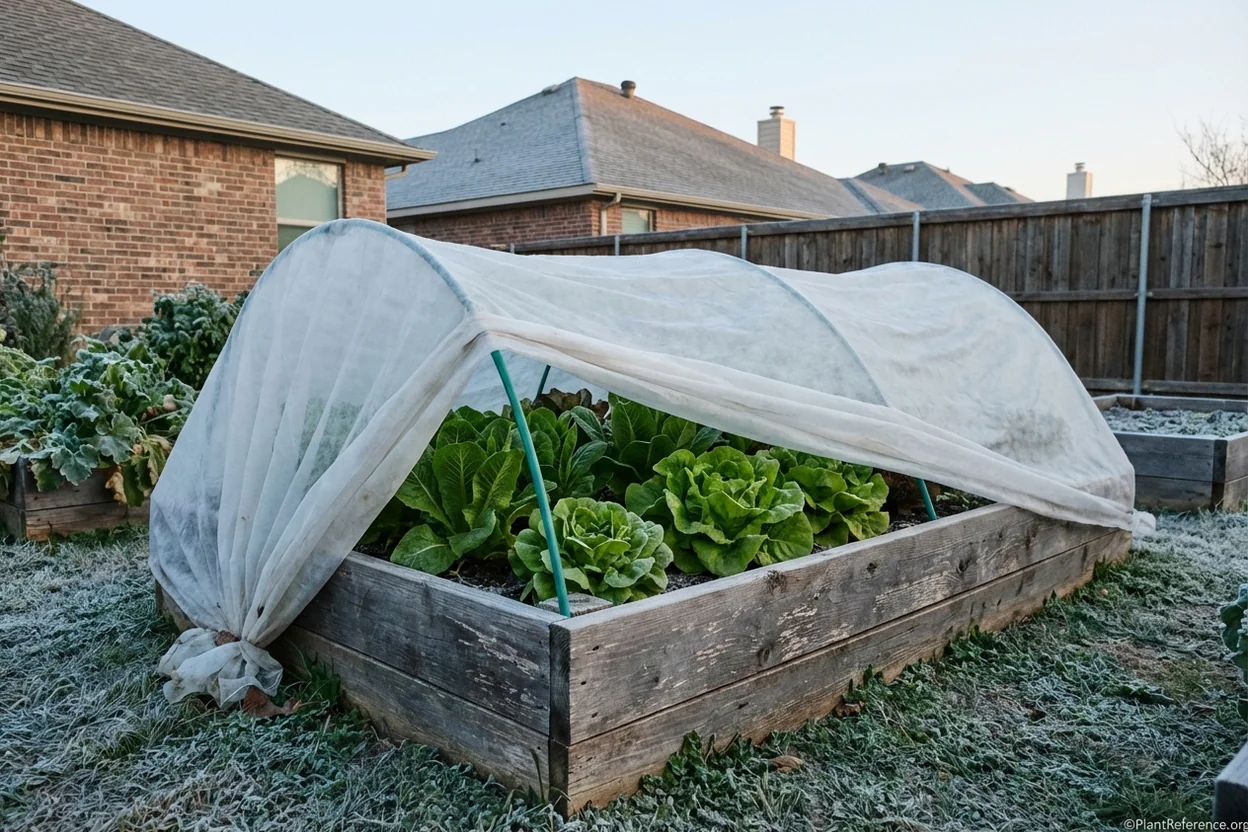 Lettuce growing in Dallas garden with row cover for winter freeze protection