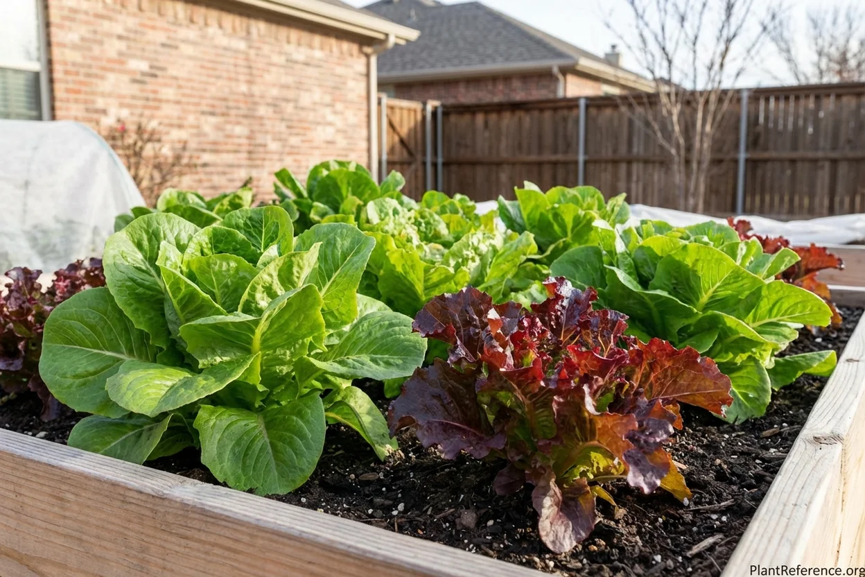 Lettuce growing productively in Dallas Zone 8a garden during mild winter