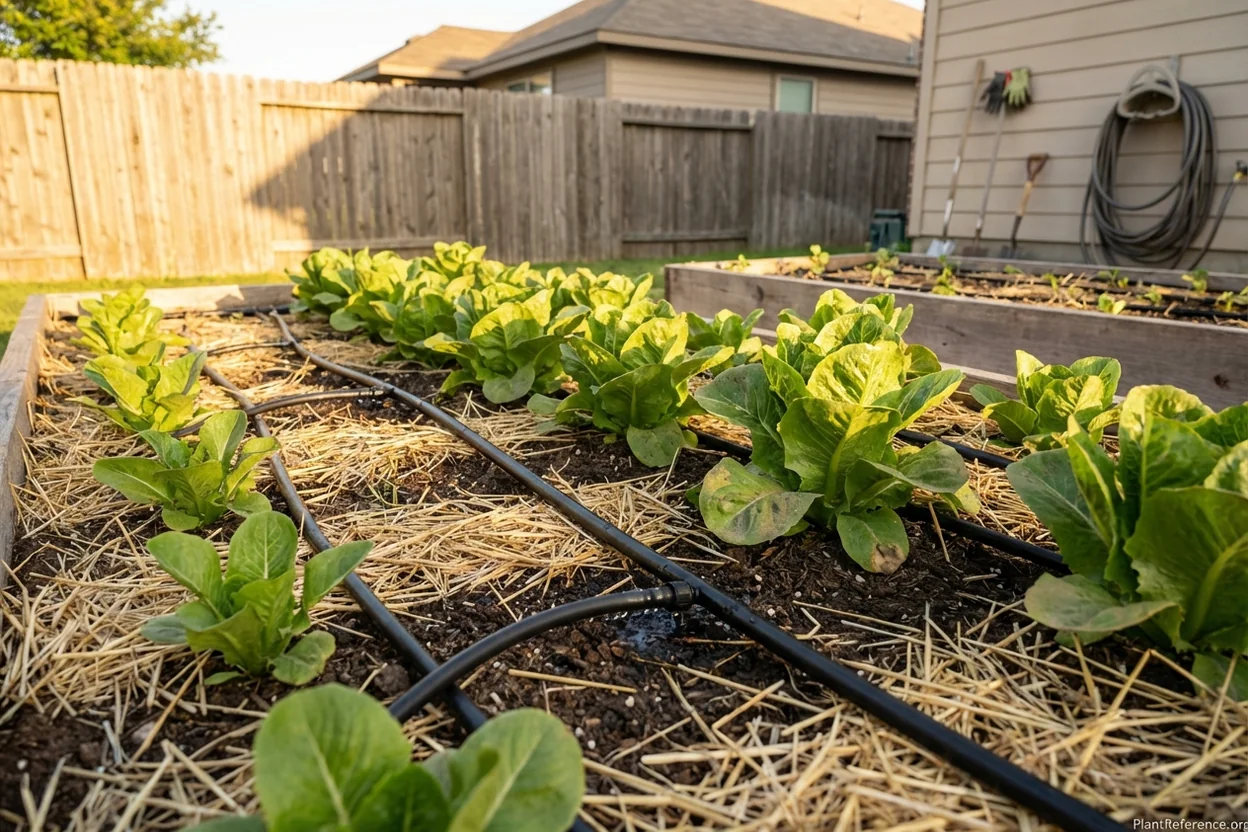 Drip irrigation watering lettuce plants in Denver Zone 5a garden with straw mulch