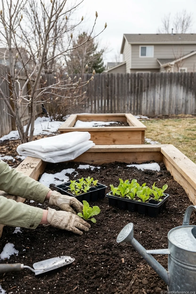 Transplanting lettuce seedlings in Denver garden with row covers for frost protection in Zone 5a