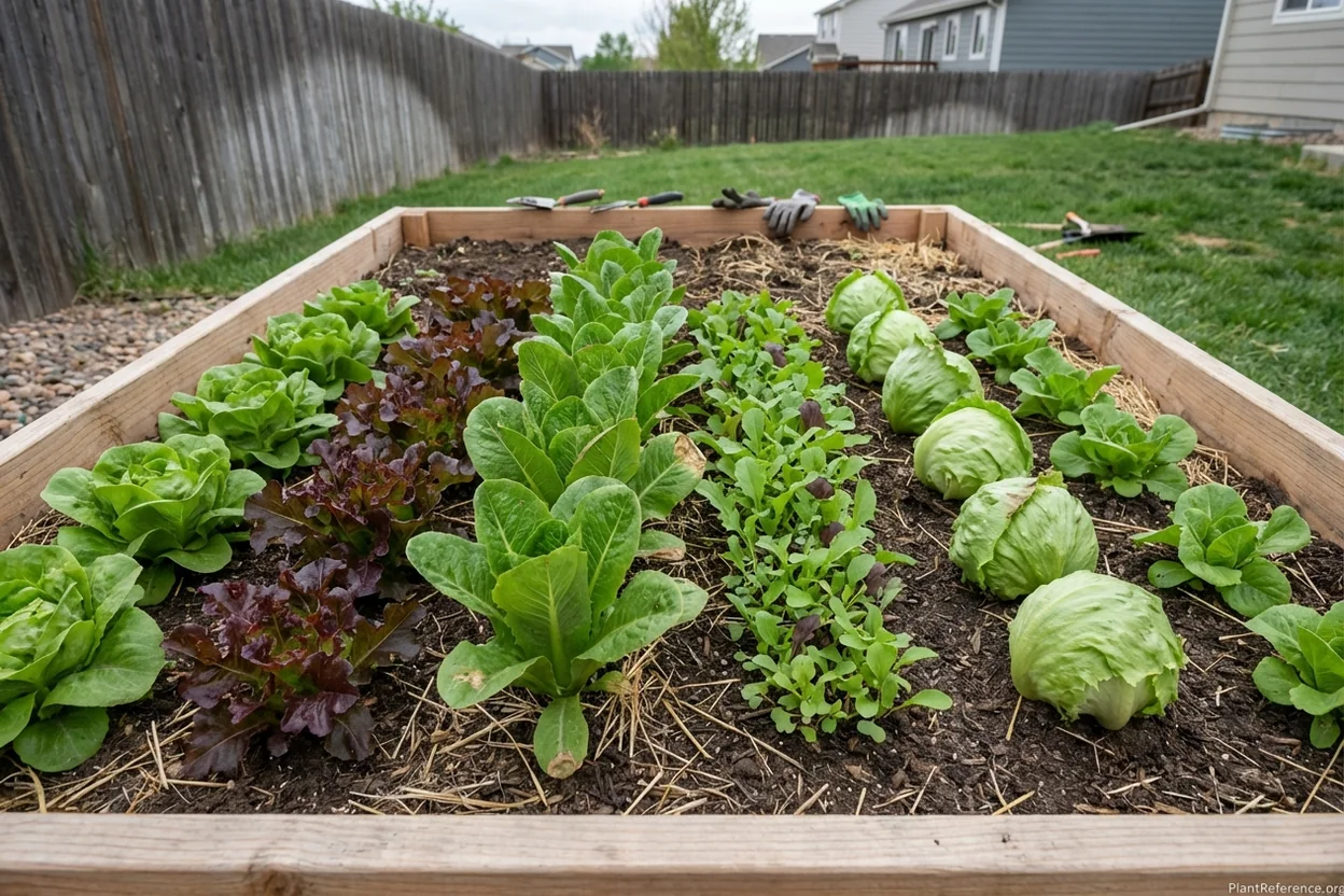 Six lettuce varieties comparison in Denver Zone 5a garden showing Buttercrunch, Red Oak Leaf, Romaine and other types