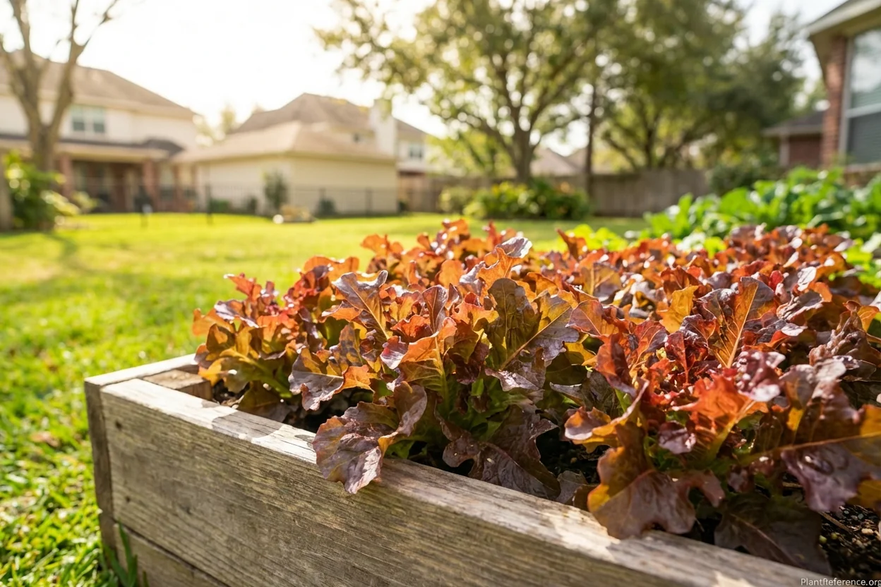 Red Oak Leaf lettuce growing in Houston Zone 9a garden with open rosette form