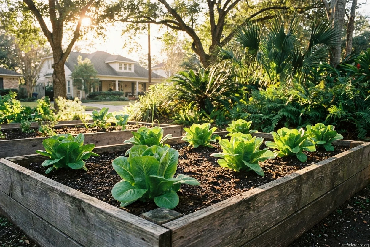 Lettuce growing in Houston Zone 9a raised bed with wide spacing for airflow