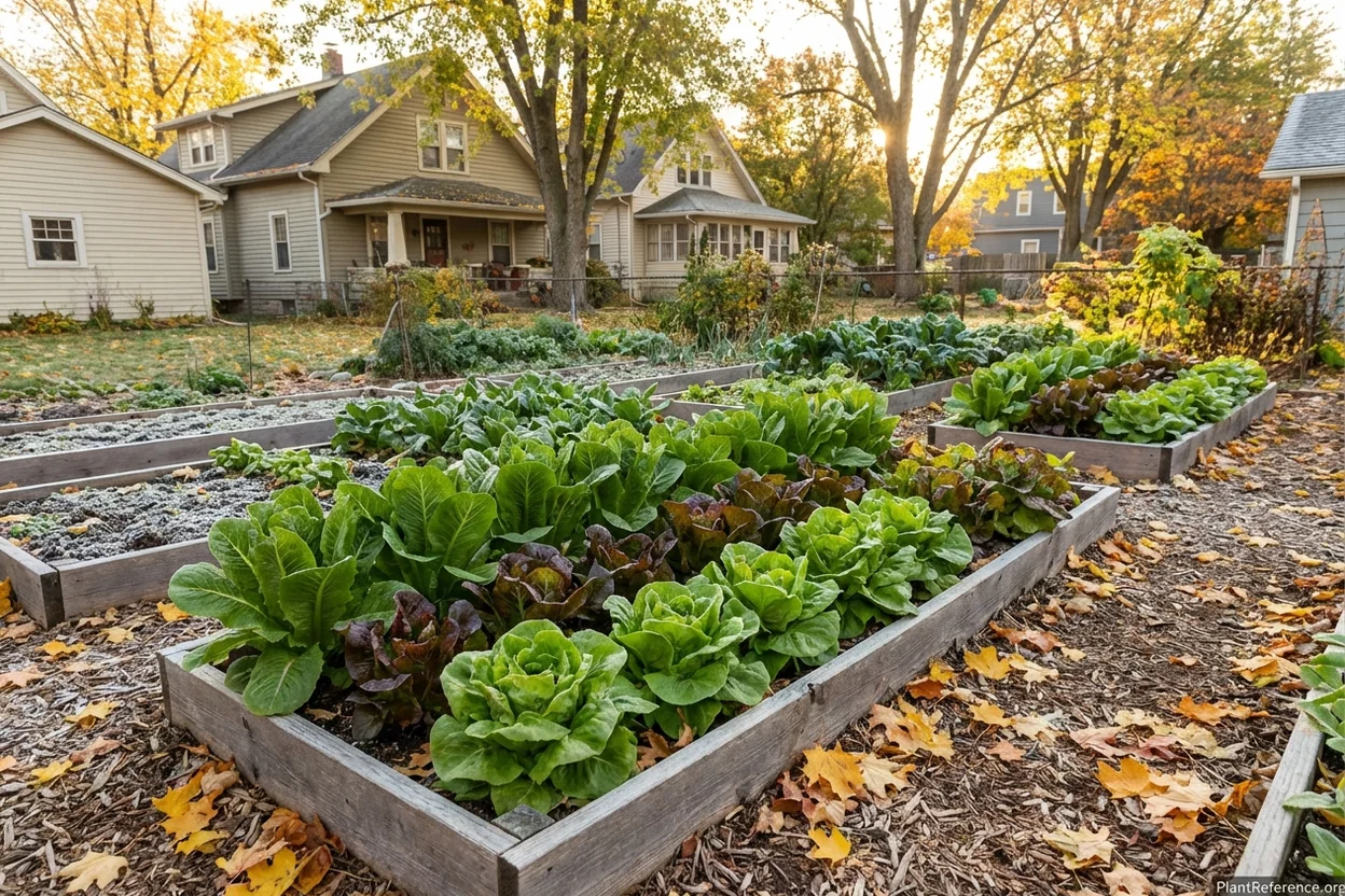 Lettuce producing in Indianapolis garden during cool Indiana fall with frost