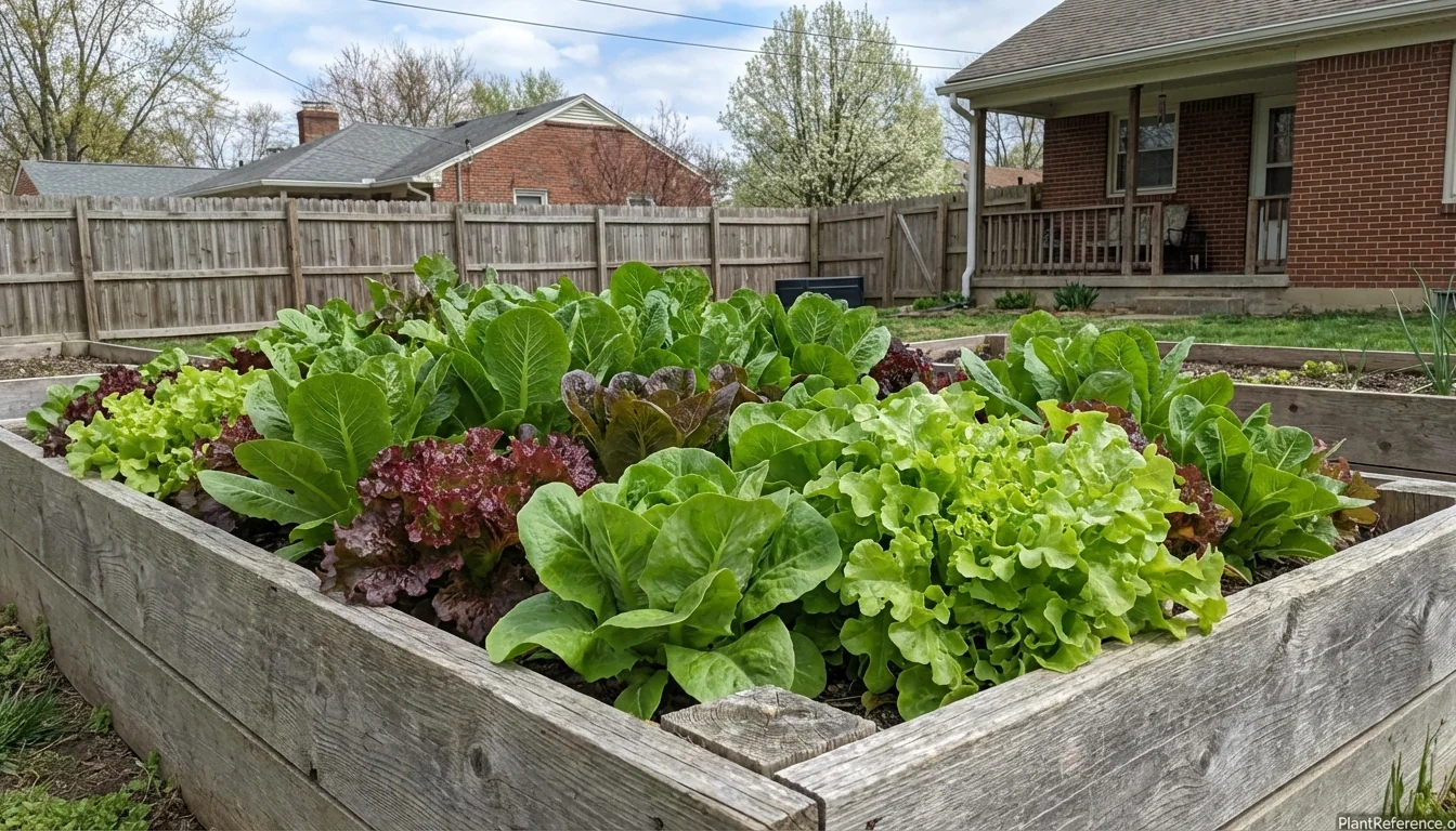 Multiple lettuce varieties growing in Indianapolis Zone 5b garden during cool spring