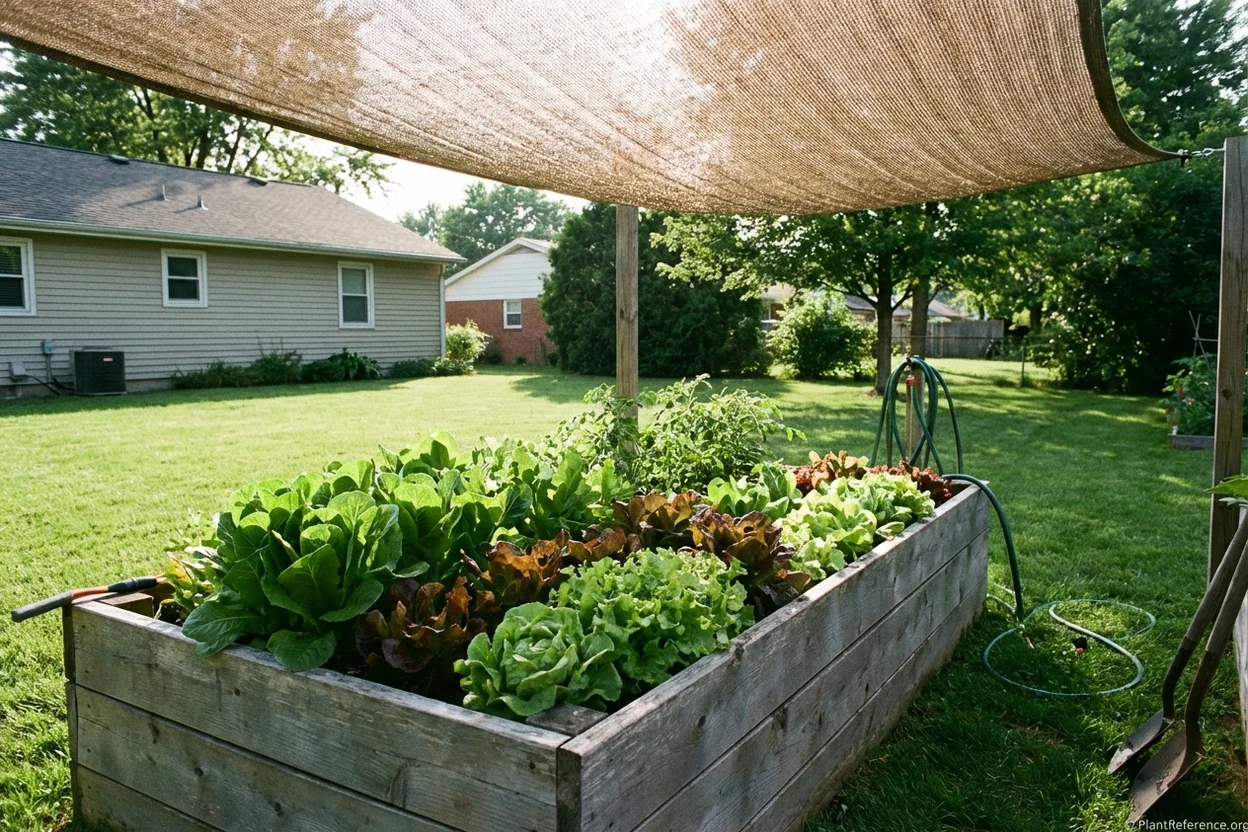 Lettuce growing under shade cloth in Indianapolis Zone 5b garden