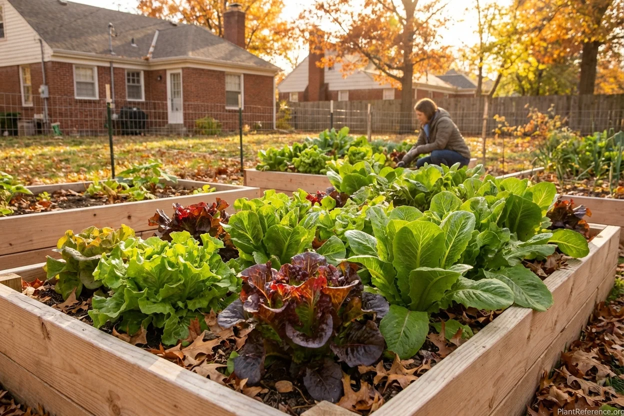 Lettuce producing in Kansas City garden during cool fall with prairie frost