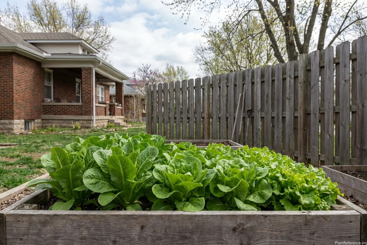 Lettuce in raised bed with wind protection in Kansas City garden