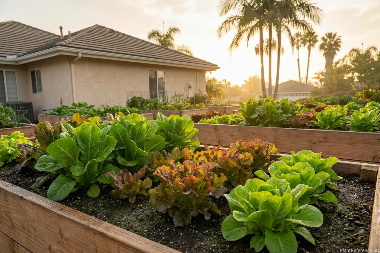 Lettuce producing in Los Angeles garden during mild winter cool season
