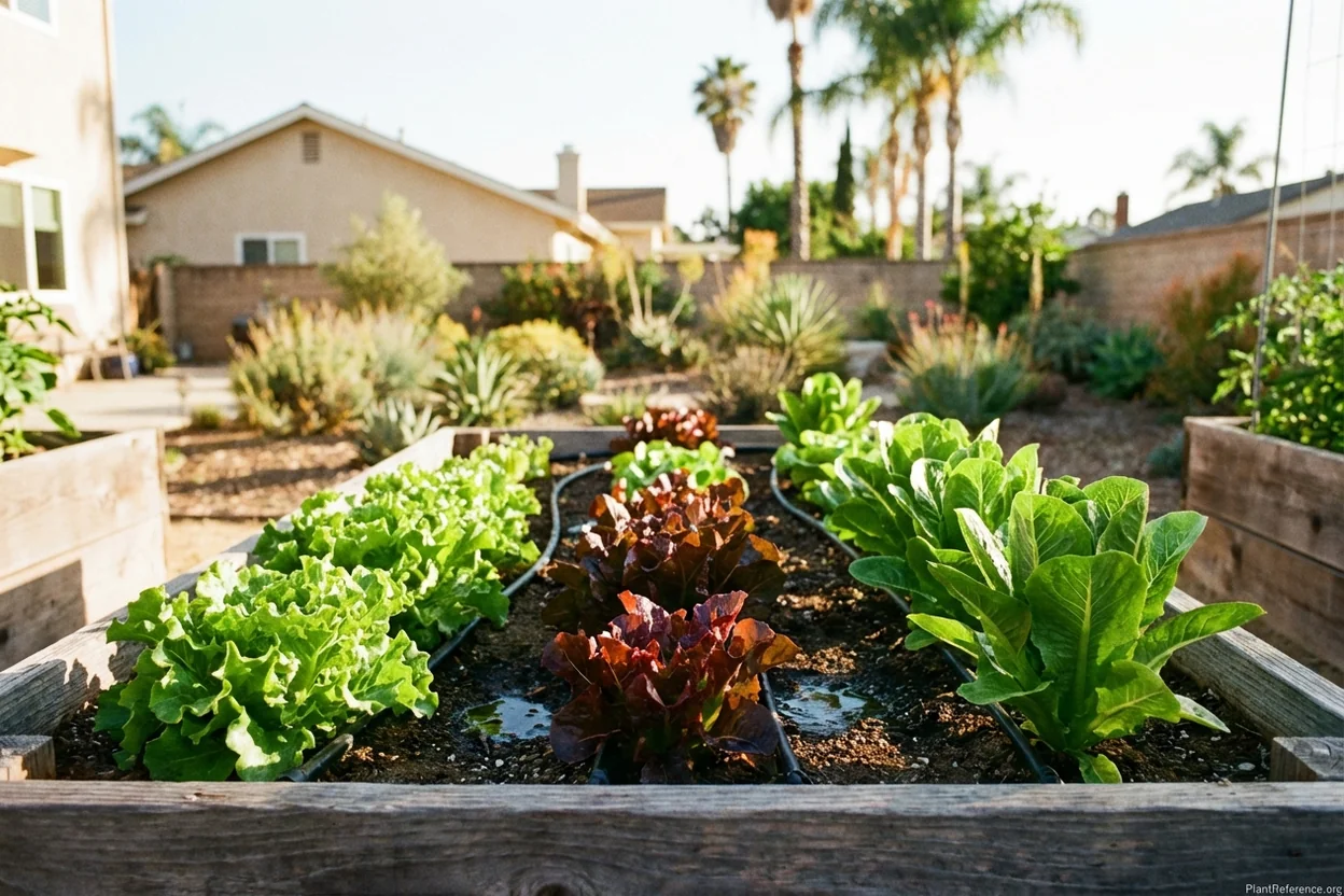Lettuce growing in Los Angeles Zone 10b raised bed with drip irrigation