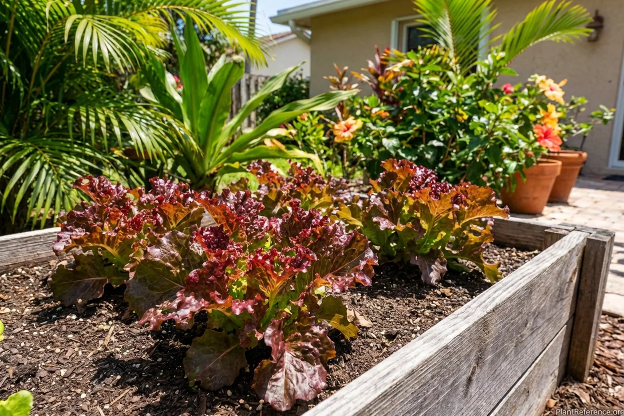 Red Oak Leaf lettuce growing in Miami Zone 10b garden with open rosette form