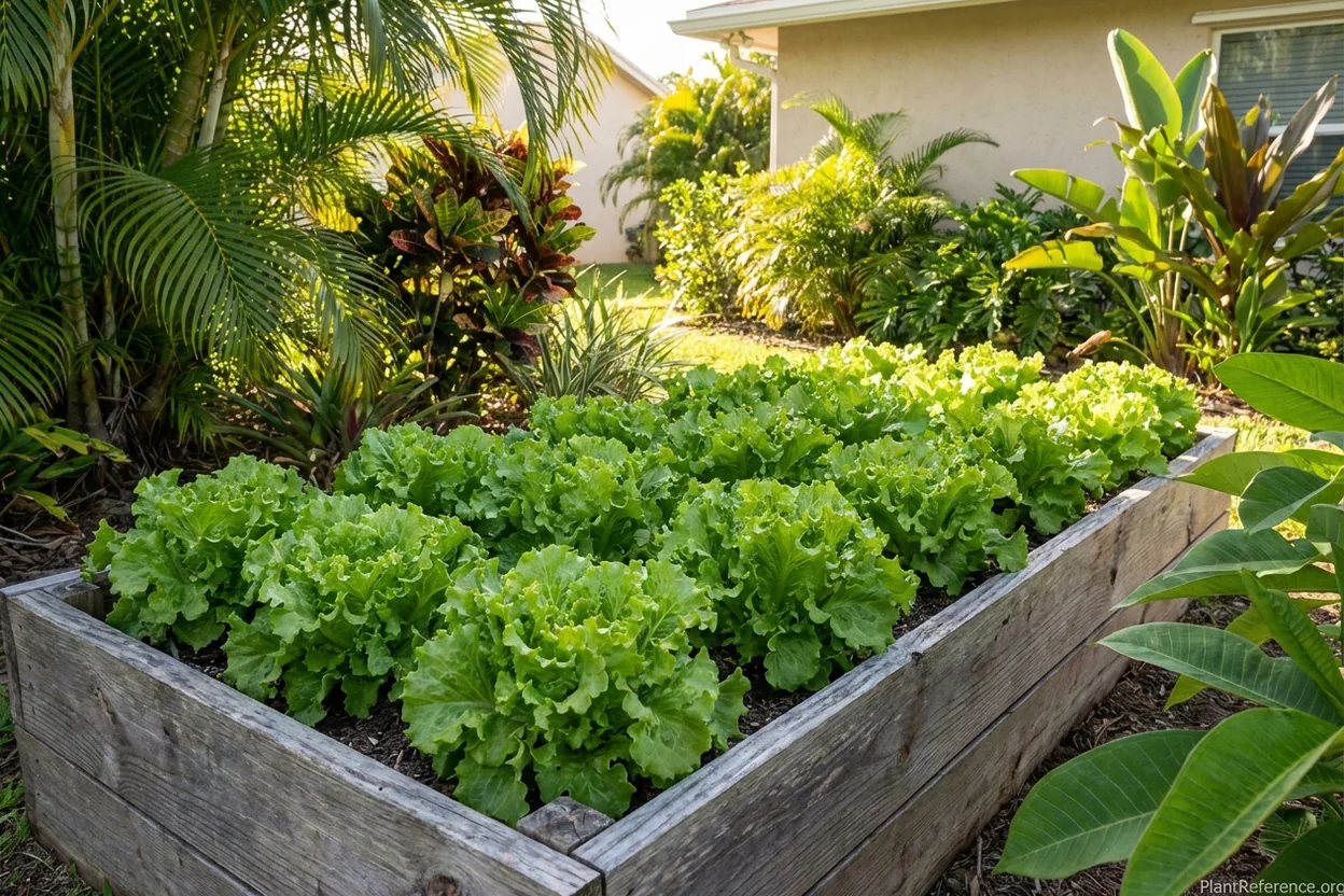 Lettuce growing in Miami Zone 10b raised bed with extra-wide spacing for airflow