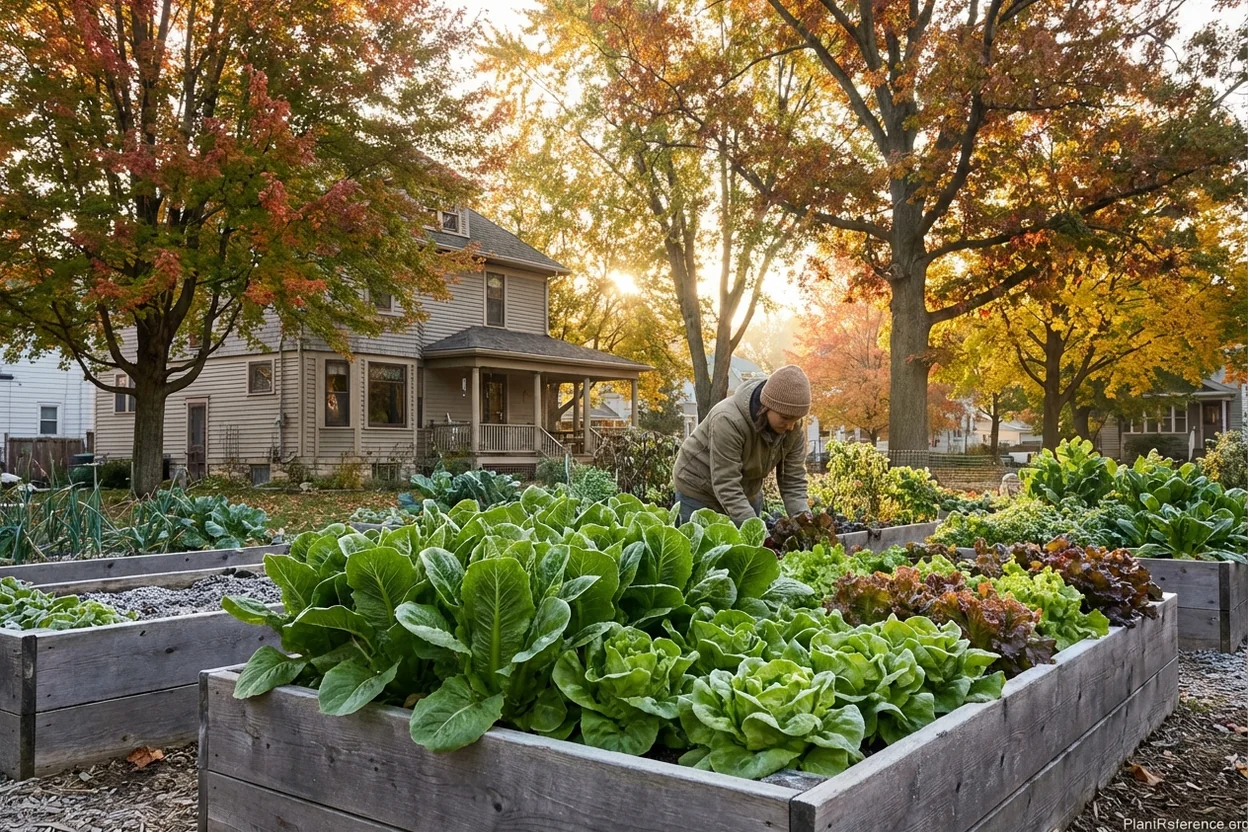 Lettuce producing in Milwaukee garden during cool Wisconsin fall with frost
