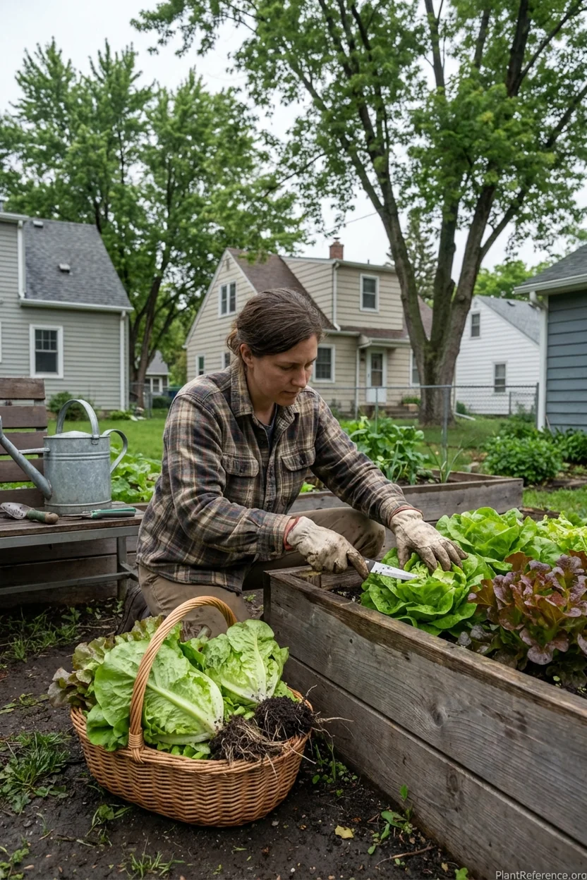 Proper lettuce harvesting technique in Minneapolis Zone 4a garden showing morning timing