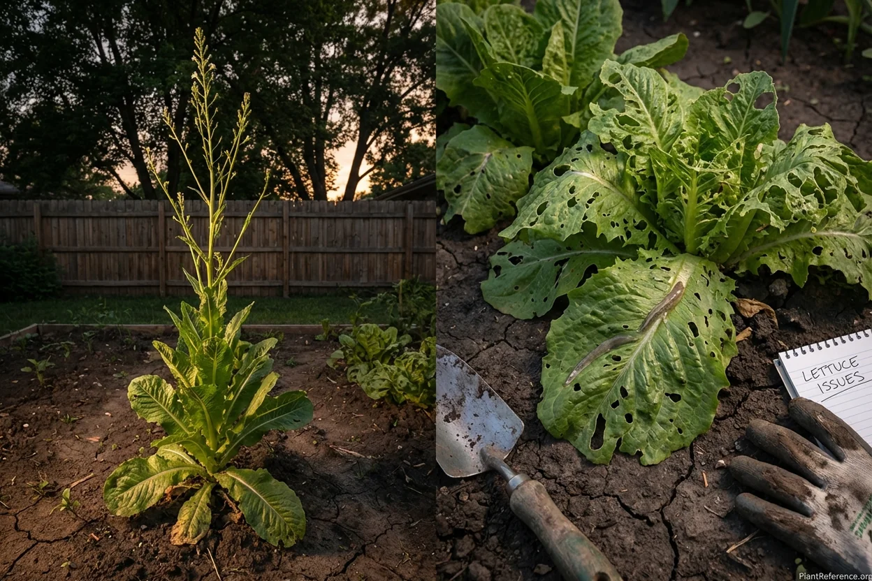 Common Minneapolis lettuce problems showing bolting and pest damage with solutions
