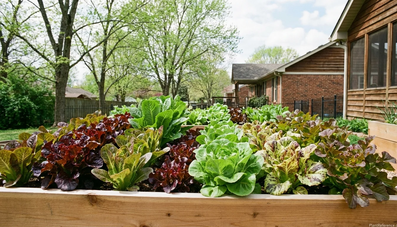 Multiple lettuce varieties growing in Nashville Zone 7a garden during cool spring
