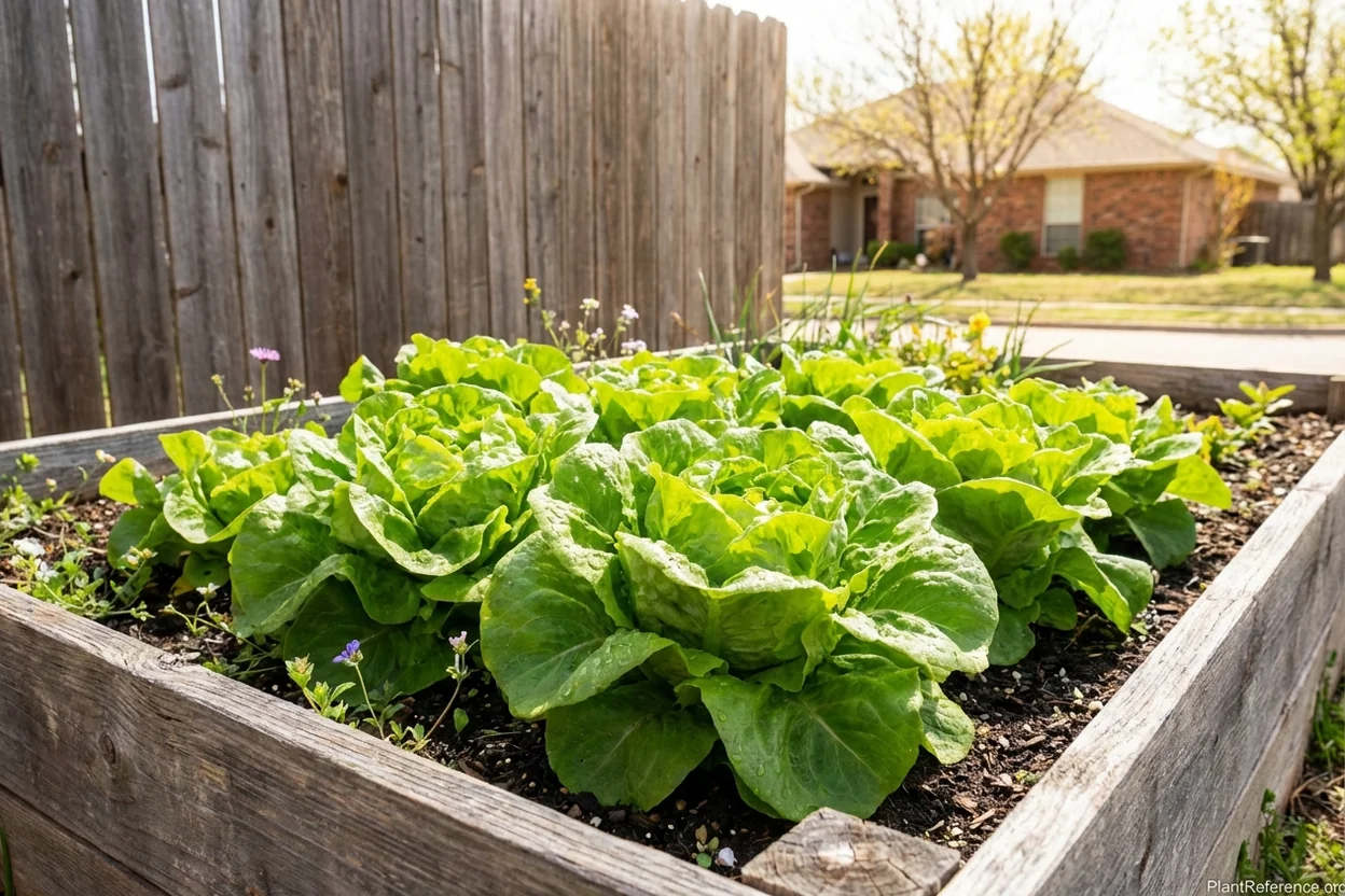 Buttercrunch lettuce growing in Oklahoma City Zone 7a garden with wind protection