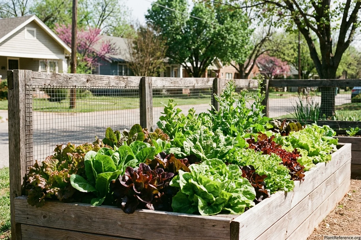 Lettuce growing in Oklahoma City Zone 7a raised bed with wind protection fence