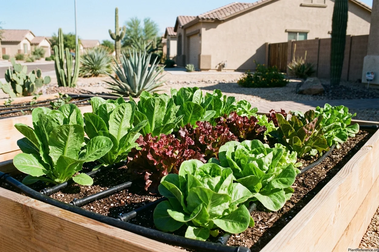 Lettuce growing in Phoenix Zone 9b raised bed with drip irrigation