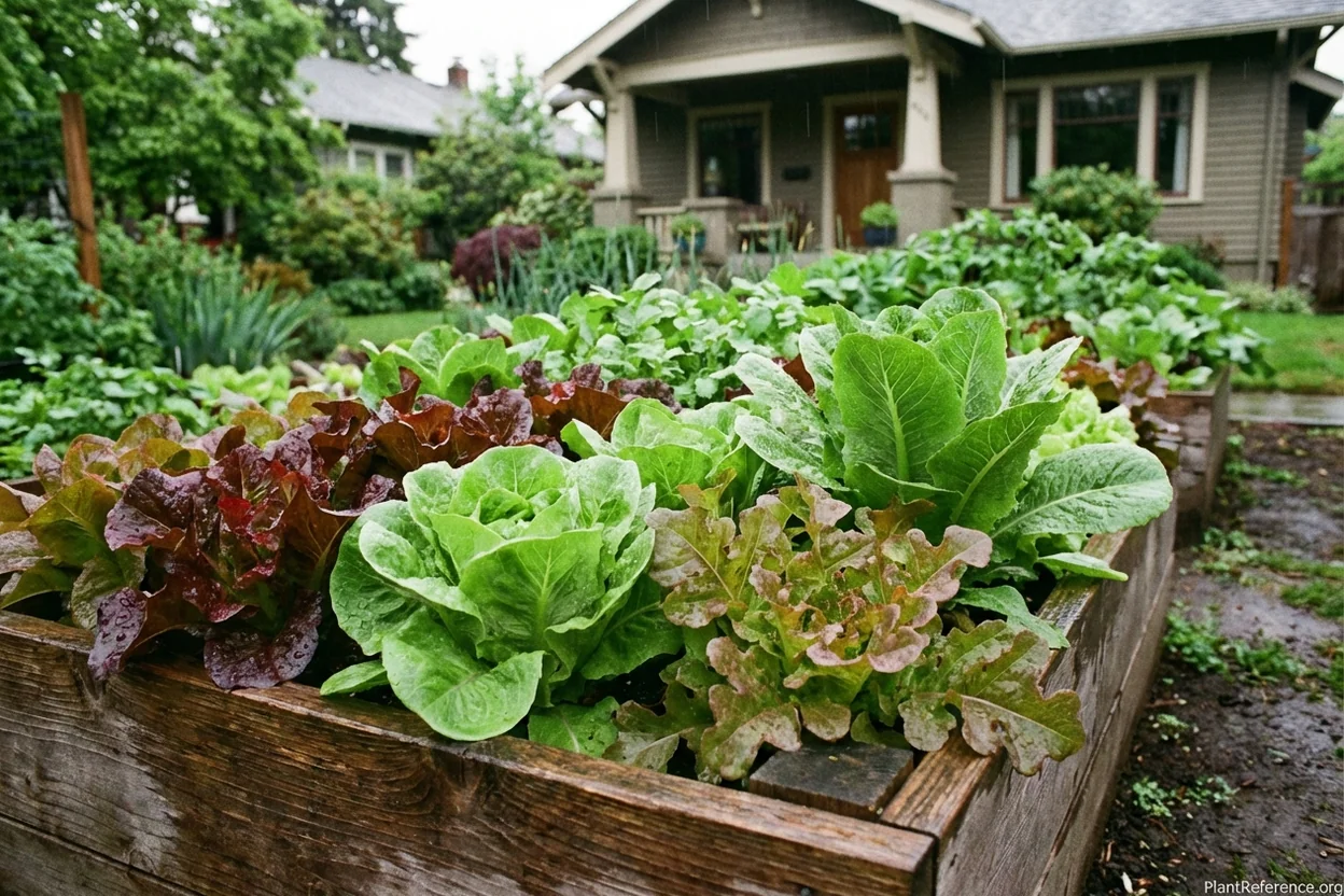 Multiple lettuce varieties growing in Portland Zone 8b raised bed