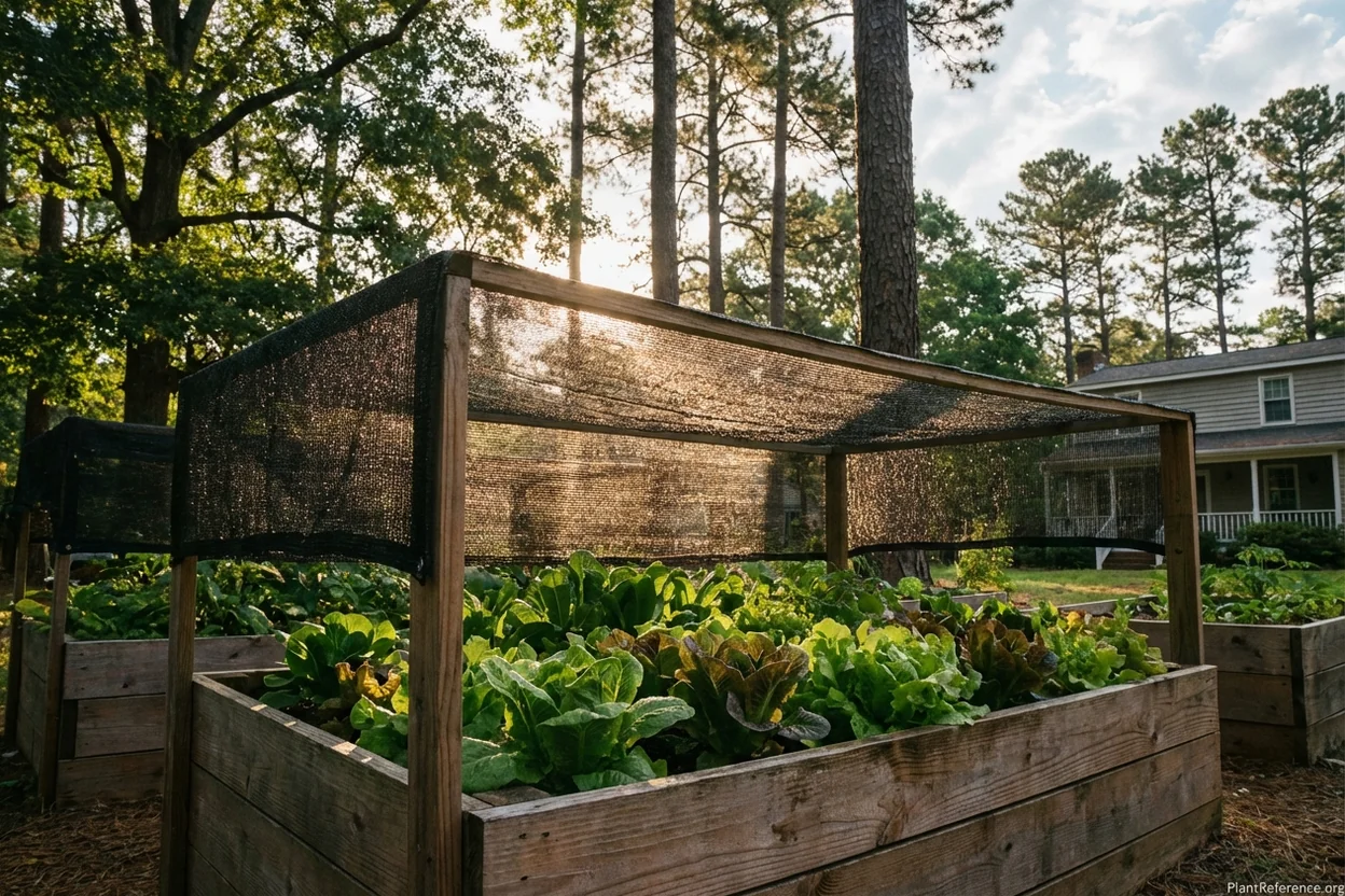 Lettuce growing under shade cloth in Raleigh Zone 7b garden