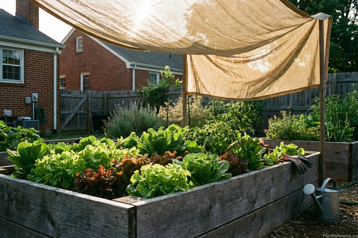 Lettuce growing under shade cloth in Richmond Zone 7b garden