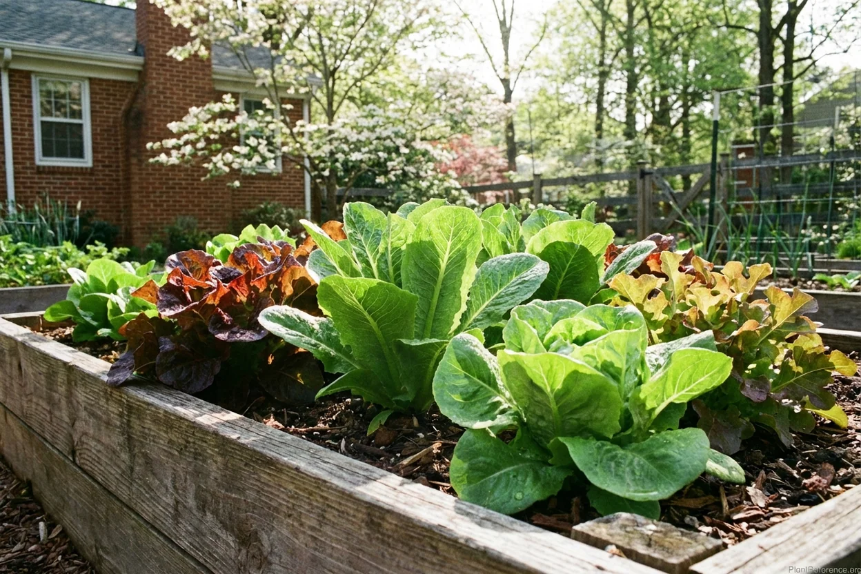 Multiple lettuce varieties growing in Richmond Zone 7b raised bed garden