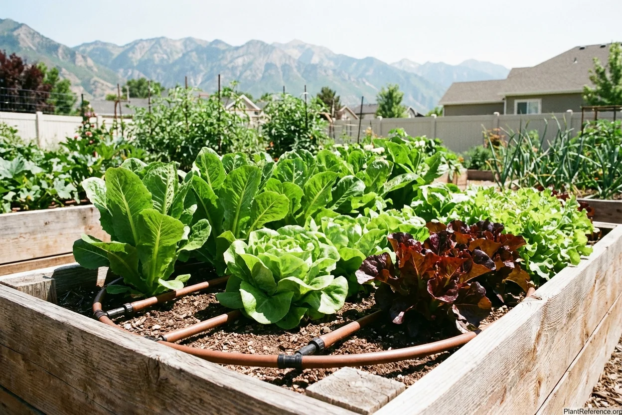 Lettuce growing in Salt Lake City Zone 7a raised bed with drip irrigation