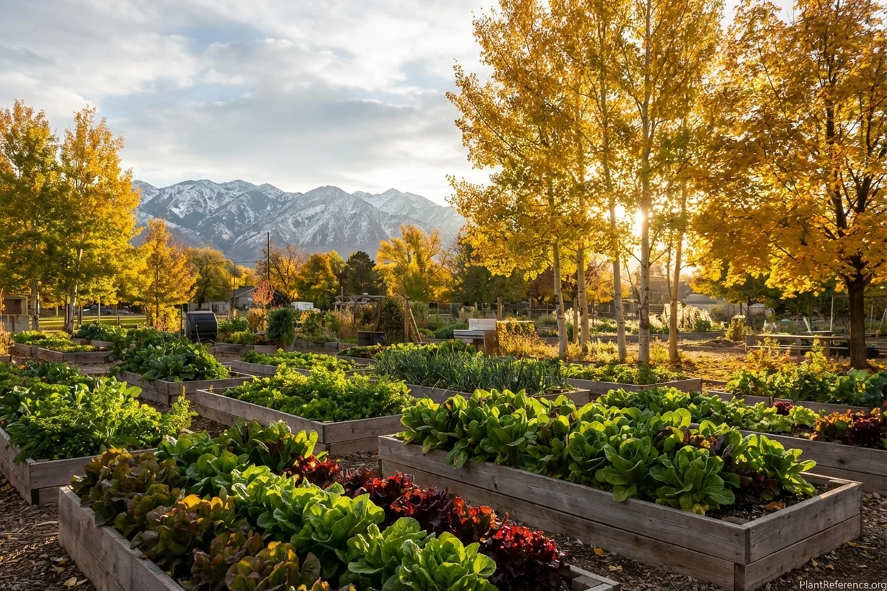 Lettuce producing in Salt Lake City garden during cool Utah fall with mountains