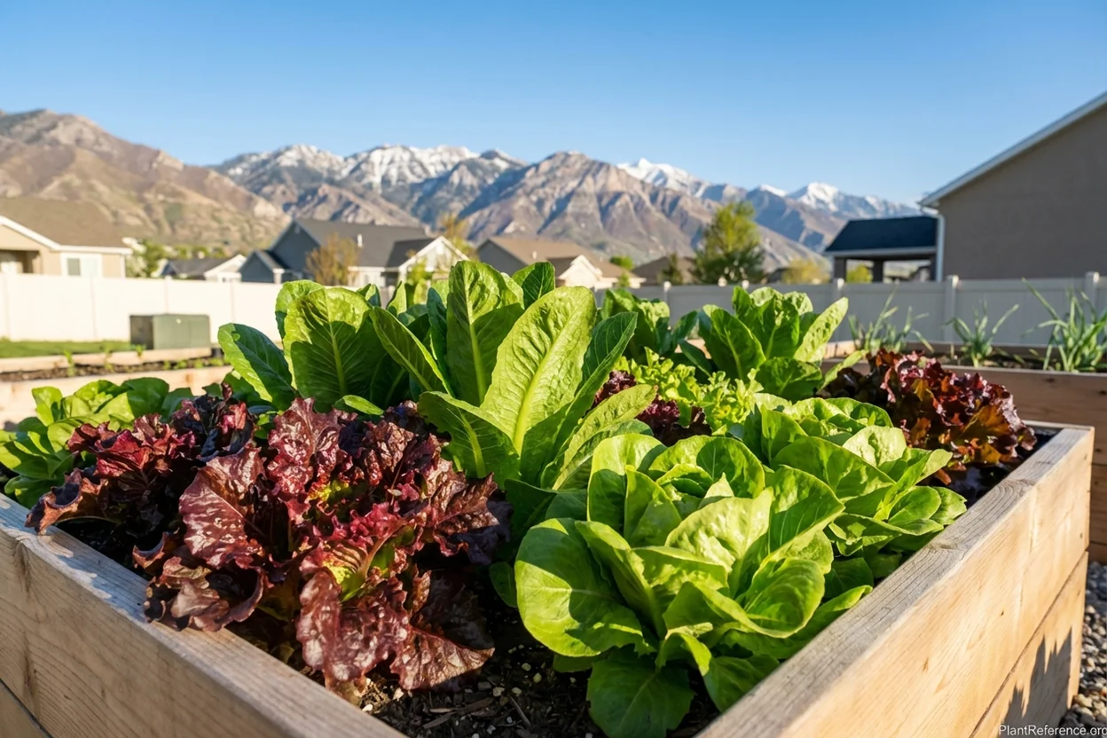 Lettuce varieties growing in Salt Lake City Zone 7a garden with Wasatch mountain backdrop